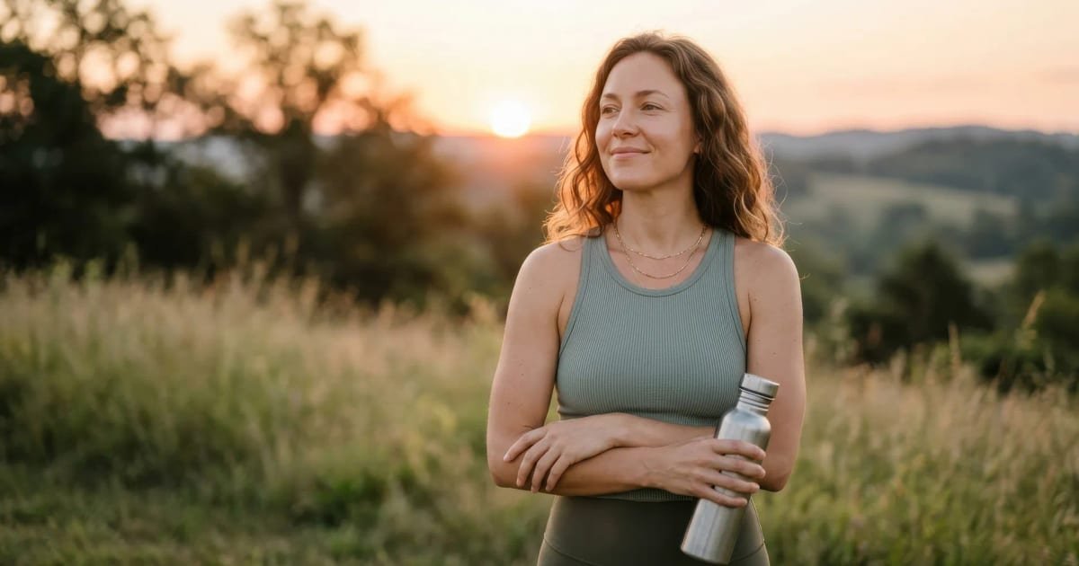 A woman standing in a meadow at sunset, holding a steel water bottle