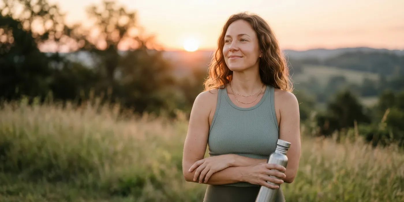 A woman standing in a meadow at sunset, arms folded and holding a steel water bottle, looking off to the side